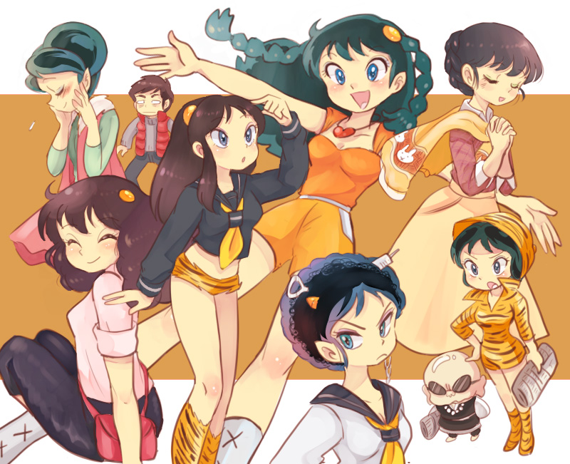 2boys 2girls afro alternate_costume animal_print aqua_hair bag bald beads black_hair black_serafuku blue_eyes blush boots braid brown_hair cape carrying carrying_under_arm character_request closed_eyes collared_shirt crop_top dress frown green_hair hair_bun hair_ornament hairband hand_on_own_hip handbag hat heart heart_necklace hip_focus hood interlocked_fingers jewelry legs legs_together long_hair looking_back lum midriff monk moroboshi_ataru multiple_boys multiple_girls multiple_views neckerchief necklace newspaper no_pants object_on_head oota open_mouth outstretched_arms own_hands_clasped own_hands_together pendant pointing pointy_ears popped_collar prayer_beads rabbit_print retro_artstyle sakuranbou school_uniform serafuku shirt short_dress short_hair short_shorts shorts shoulder_bag single_hair_bun sitting sleeves_rolled_up smile spread_arms standing sunglasses syringe tiger_print twin_braids ursula urusei_yatsura vest wavy_mouth yellow_boots yellow_neckerchief