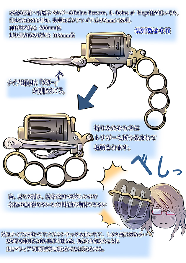 1girl apache_revolver blonde_hair brass_knuckles chart combination_weapon cylinder cylinder_(weapon) daito diagram dolne_m1869_apache_revolver folding_gun glasses gloves gun handgun information_sheet japanese_text knife multiple-barrel_gun original pepper-box pepper-box_revolver pistol folding_knife pocket_pistol revolver sidearm text_focus transformation transforming_weapon translation_request weapon weapon_focus weapon_profile weird_guns_of_the_world