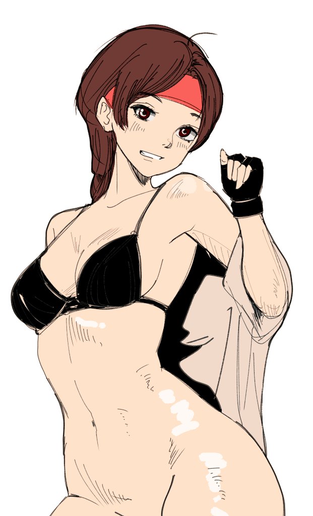 1girl bottomless braid braided_ponytail breasts brown_eyes brown_hair dougi female_focus gloves hairband karate_gi large_breasts leather long_hair looking_at_viewer navel no_panties no_pants pale_skin ponytail single_braid smile snk the_king_of_fighters thick_thighs thighs tucon_b undressing wide_hips yuri_sakazaki