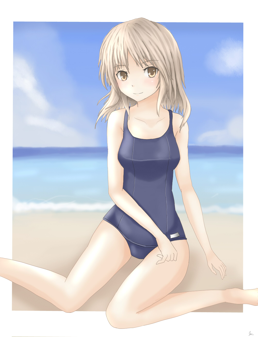1girl bad_feet bad_id bad_pixiv_id beach blonde_hair brown_eyes day feet female_focus fiction_(artist) fiction_(forged) highres one-piece_swimsuit original school_swimsuit solo swimsuit