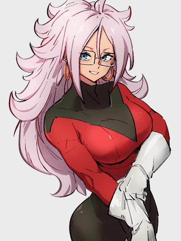 1girl android_21 blue_eyes bodysuit breasts cosplay dragon_ball dragon_ball_fighterz dragon_ball_super earrings glasses gloves grey_background hair_between_eyes hoop_earrings jewelry jiren jiren_(cosplay) kemachiku large_breasts long_hair pink_hair simple_background smile solo white_gloves