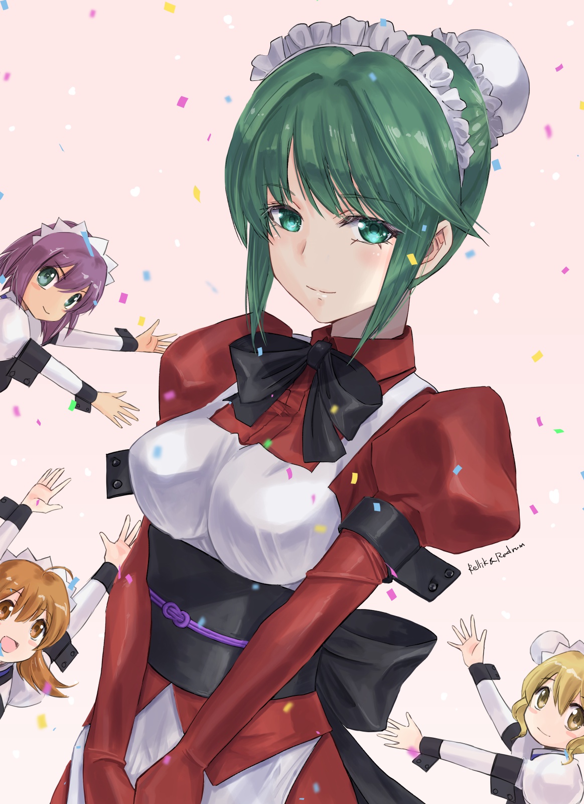 4girls ahoge apron black_bow blush bow breasts brown_hair bun_cover collared_dress confetti dress ebisu_minagi green_eyes hair_behind_ear hair_bun highres impossible_clothes jun_(rellik_&_redrum) kamiyo_tatsumi maid maid_apron maid_headdress medium_breasts multiple_girls muv-luv obi open_hands purple_hair red_dress sash short_hair single_hair_bun smile solo_focus tomoe_yukino tsukuyomi_mana white_apron