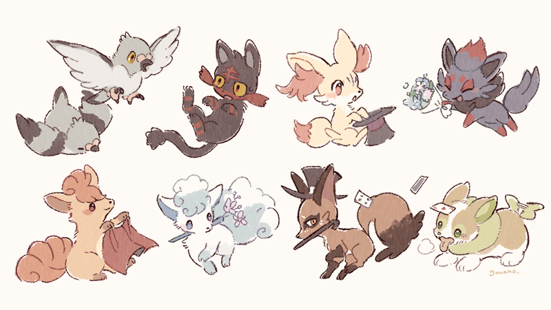 alolan_form alolan_vulpix animal_ear_fluff bird black_fur fennekin gen_1_pokemon gen_5_pokemon gen_6_pokemon gen_7_pokemon gen_8_pokemon litten nickit nintendo no_humans pidove pokemon pokemon_(creature) red_fur simple_background tail two-tone_fur vulpix white_background white_fur yamper yurano_(upao) zorua