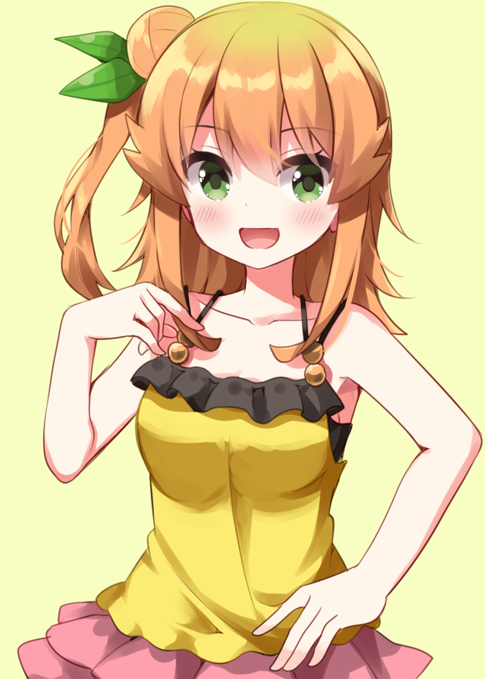 1girl :d bare_arms blush breasts camisole green_background green_eyes hair_bun hair_ornament hand_up highres hinatsuki_mikan leaf_hair_ornament looking_at_viewer machikado_mazoku medium_breasts medium_hair open_mouth orange_hair pink_skirt ruu_(tksymkw) simple_background skirt smile solo upper_body yellow_camisole