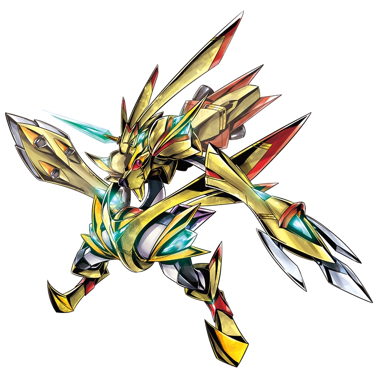 armor blue_eyes digimon glowing horns official_art rabbit rapidmon_(armor) rapidmon_x-antibody red_eyes simple_background solo spikes teeth white_background