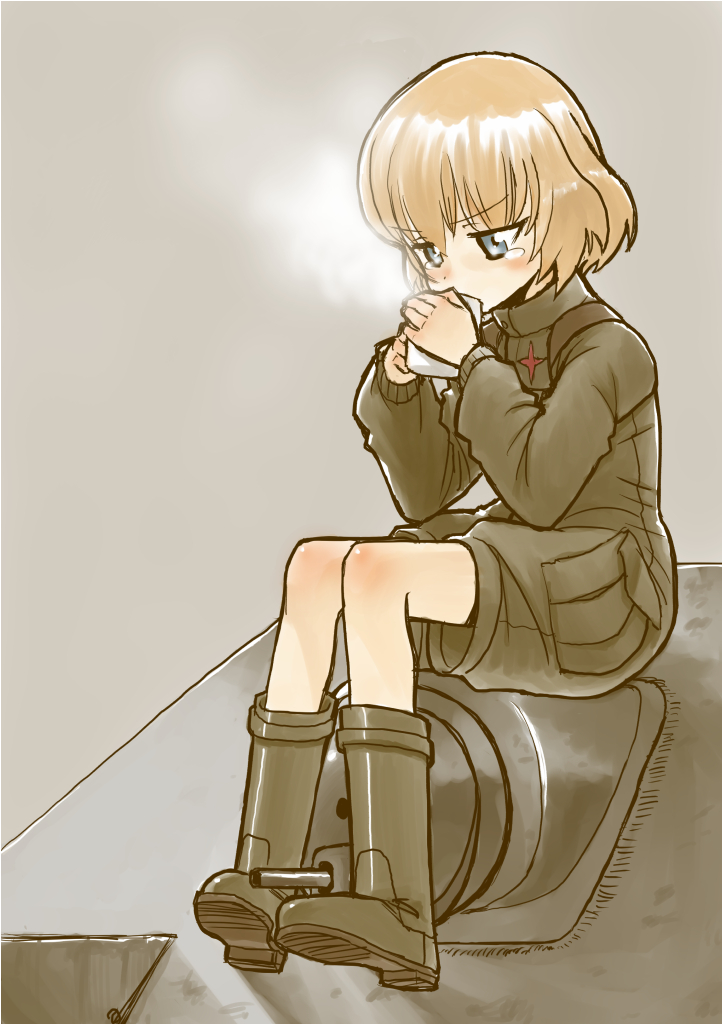 10s 1girl black_boots blonde_hair blue_eyes blush boots cup drinking female_focus girls_und_panzer katyusha_(girls_und_panzer) long_sleeves md5_mismatch military military_uniform military_vehicle motor_vehicle mug on_tank short_hair short_jumpsuit shorts sitting solo t-34 tank tears vehicle yamaishi_yutaka