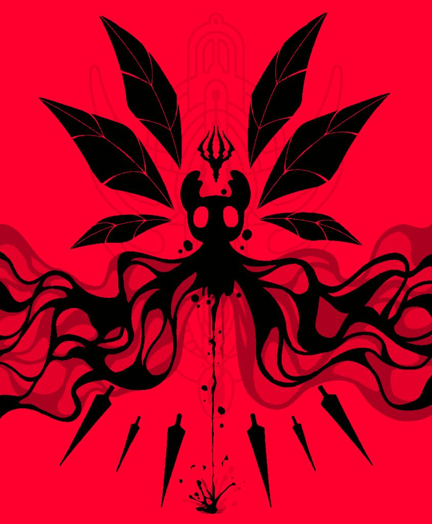 1other alicezakat arthropod black_blood blank_eyes blood detached_wings blood_drip glyph hollow_knight horns knight_(hollow_knight) limited_palette nail_(hollow_knight) needle_(hollow_knight) red_background shadow simple_background tendril weapon wings