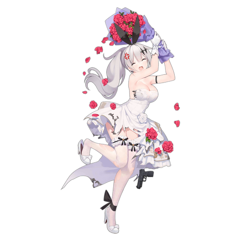 1girl anger_vein ankle_ribbon arm_ribbon arms_up bare_shoulders black_ribbon blush bouquet bow breasts cleavage closed_eyes dress dress_flower dropping facing_viewer five-seven_(girls&#039;_frontline) five-seven_(smile_of_acceptance)_(girls&#039;_frontline) flower flower_request fn_five-seven footwear_bow frilled_thighhighs frills frown full_body girls&#039;_frontline gloves gun hair_between_eyes hair_ornament hair_ribbon handgun high_heels holding holding_bouquet jewelry large_breasts leg_ribbon legs long_hair official_alternate_costume official_art open_mouth pdw-caliber_pistol ponytail ribbon scorch_mark shoe_dangle shoes simple_background solo standing standing_on_one_leg suisai_(suisao) swinging thighhighs torn_clothes torn_dress torn_gloves torn_thighhighs transparent_background weapon wedding_dress white_dress white_gloves white_hair white_shoes white_thighhighs