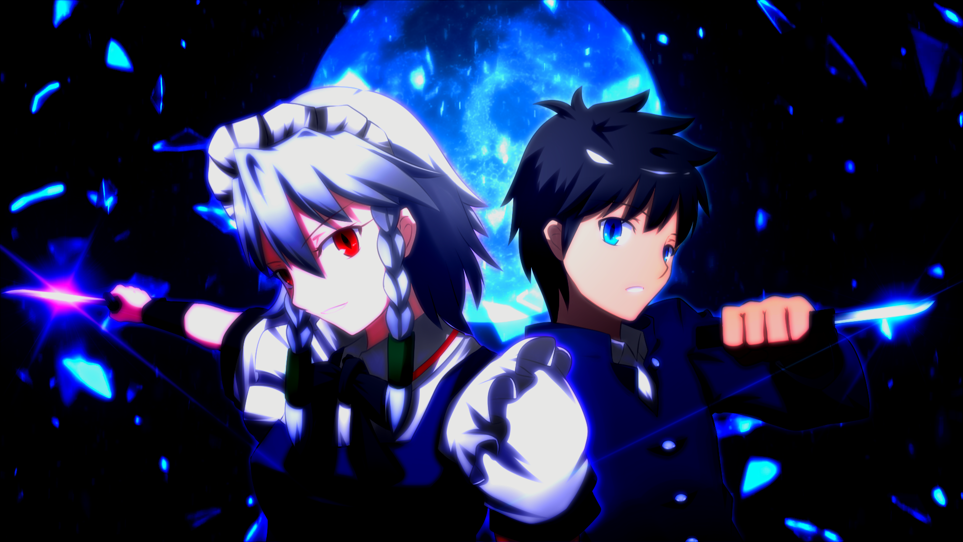 1boy 1girl apron black_hair blue_eyes blush braid breasts broken_glass crossover full_moon glass glasses grey_hair highres holding holding_knife izayoi_sakuya knife long_sleeves maid maid_headdress moon namelessblue night night_sky red_eyes school_uniform short_hair sky takeuchi_takashi_(style) tohno_shiki touhou trait_connection tsukihime twin_braids type-moon