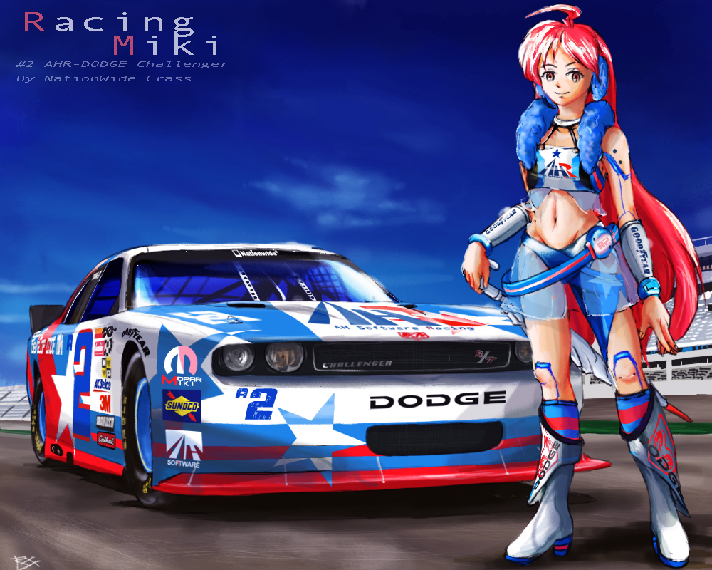 1girl blue_shorts car character_name cloud crop_top dodge_(company) dodge_challenger dodge_challenger_(3rd_generation) goodyear halterneck headset long_hair looking_at_viewer midriff motor_vehicle nascar navel pink_eyes pink_hair race_queen racetrack see-through_clothes see-through_shorts sf-a2_miki shorts sky smile solo standing thrux vehicle_focus very_long_hair vocaloid white_footwear