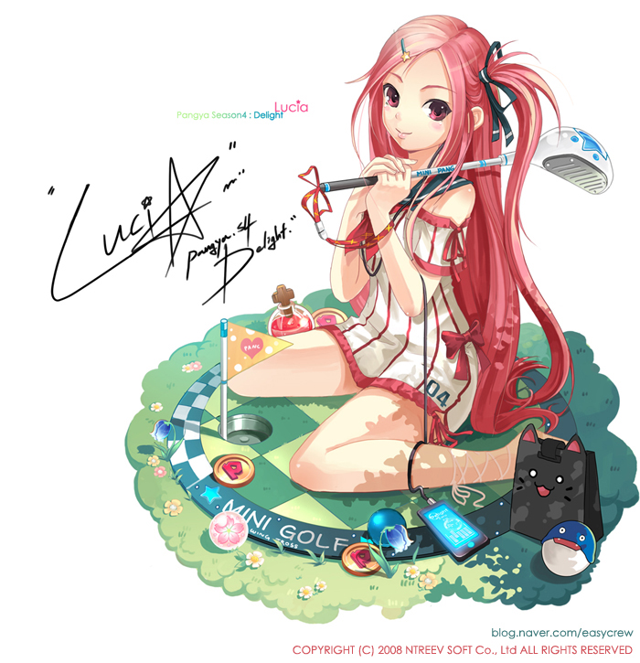 1girl dolfini dress easycrew golf_club hair_ribbon lee_byung_hee long_hair lucia lucia_(pangya) pangya papel pink_hair ribbon sitting very_long_hair wariza