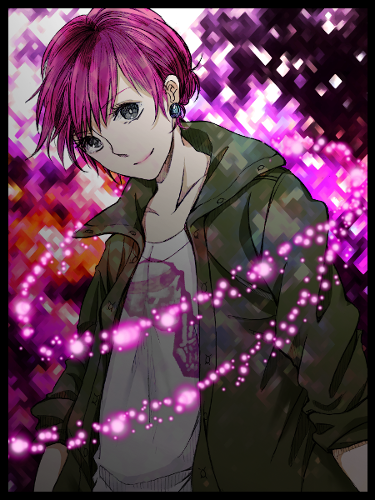 1girl abigail_walker earrings female_focus grey_eyes infamous jewelry looking_at_viewer lowres mia_(spoon_fork) neck neon neon_lights purple_hair short_hair skull solo