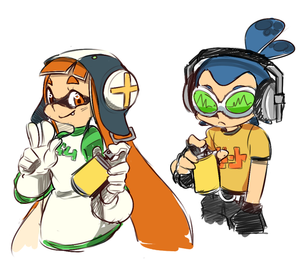1boy 1girl beat_(jsr) beat_(jsr)_(cosplay) blue_hair cosplay dress fingerless_gloves gloves goggles gum_(jsr) gum_(jsr)_(cosplay) headphones helmet inkling_player_character jet_set_radio long_hair md5_mismatch naganuma_hideki nintendo orange_eyes orange_hair ponytail resized sami_(artist) sami_briggs sega shirt splatoon_(series) spray_can t-shirt twitter_username