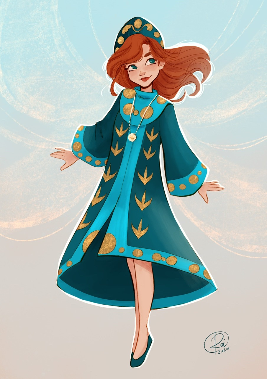 1girl aged_down anastasia_(1997) anya_(anastasia) blue_dress blue_eyes child closed_mouth crown dress floating_hair full_body hat highres jewelry long_hair long_sleeves looking_to_the_side necklace orange_hair rachel12art red_hair signature smile solo wide_sleeves