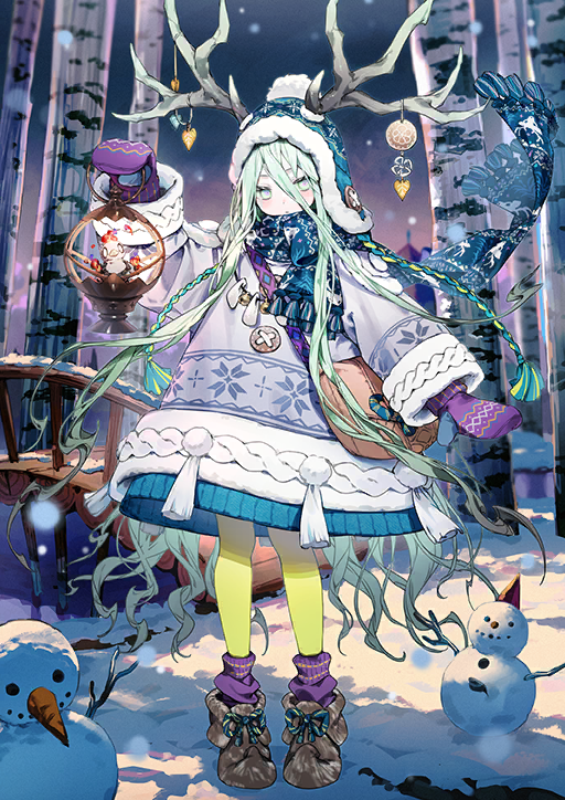 1girl antler_ornament antlers antlers_through_headwear arm_at_side bag bird blue_hat blue_scarf blush bridge bukurote buttons cable_knit closed_mouth dot_mouth dress expressionless fate/grand_order fate_(series) floating_hair full_body game_cg green_eyes green_hair green_pantyhose hair_between_eyes hand_up hat holding holding_lantern horns lantern long_hair long_hair_between_eyes long_sidelocks long_sleeves looking_at_viewer loose_socks louhi_(fate) louhi_(second_ascension)_(fate) mittens official_art pantyhose pink_pupils pom_pom_(clothes) purple_mittens purple_socks purple_sweater river scarf shoulder_bag sidelocks snow snowing snowman socks solo sweater sweater_dress tassel third-party_source ushanka very_long_hair very_long_sidelocks winter winter_clothes