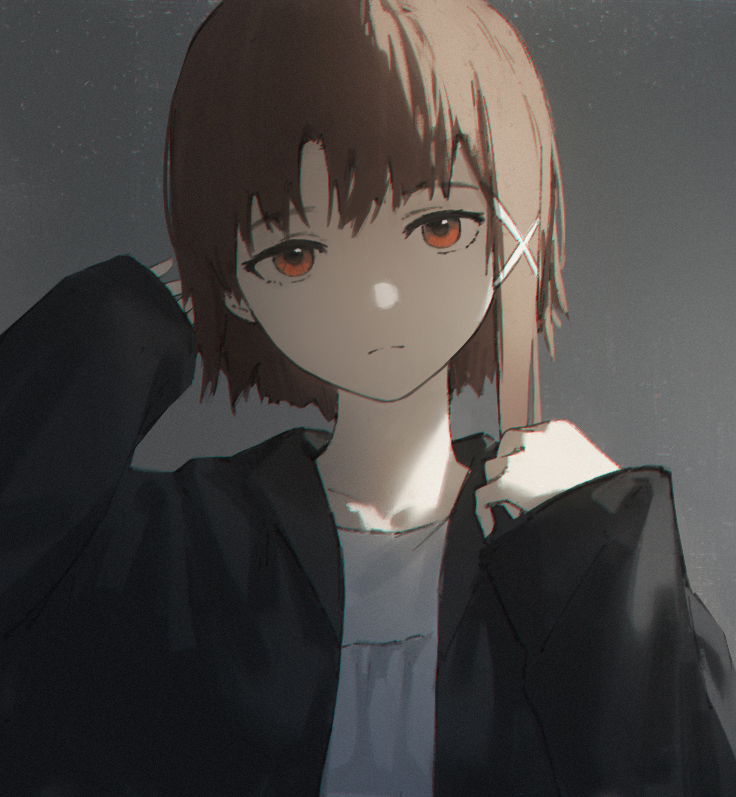 1girl black_jacket brown_eyes brown_hair closed_mouth grey_background hair_ornament iwakura_lain jacket laluna light_frown looking_at_viewer serial_experiments_lain short_hair single_sidelock solo x_hair_ornament