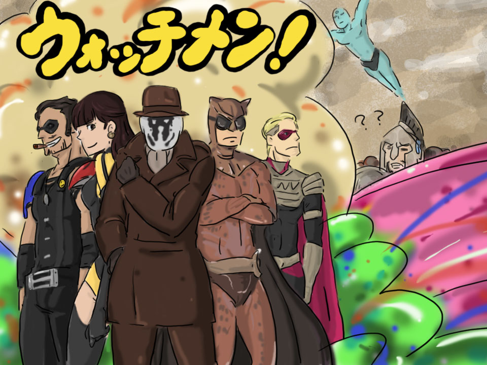 1girl 300_(movie) 5boys animification armor bad_id bad_pixiv_id blue_skin cape chakki cigar coat colored_skin comedian creator_connection dc_comics domino_mask dr._manhattan fedora flying gloves goggles hat helmet inkblot leonidas long_hair mask multiple_boys nite_owl ozymandias rorschach shoulder_pads silk_spectre the_comedian trench_coat watchmen