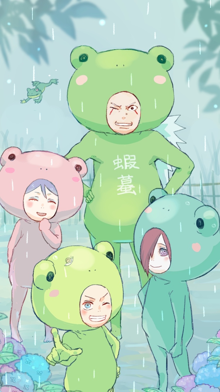 1girl 3boys animal_costume flower frog frog_costume grin highres jiraiya_(naruto) konan_(naruto) looking_at_viewer meitarou multiple_boys nagato_(naruto) naruto_(series) naruto_shippuuden one_eye_closed outdoors purple_hair rain red_hair short_hair smile yahiko_(naruto)