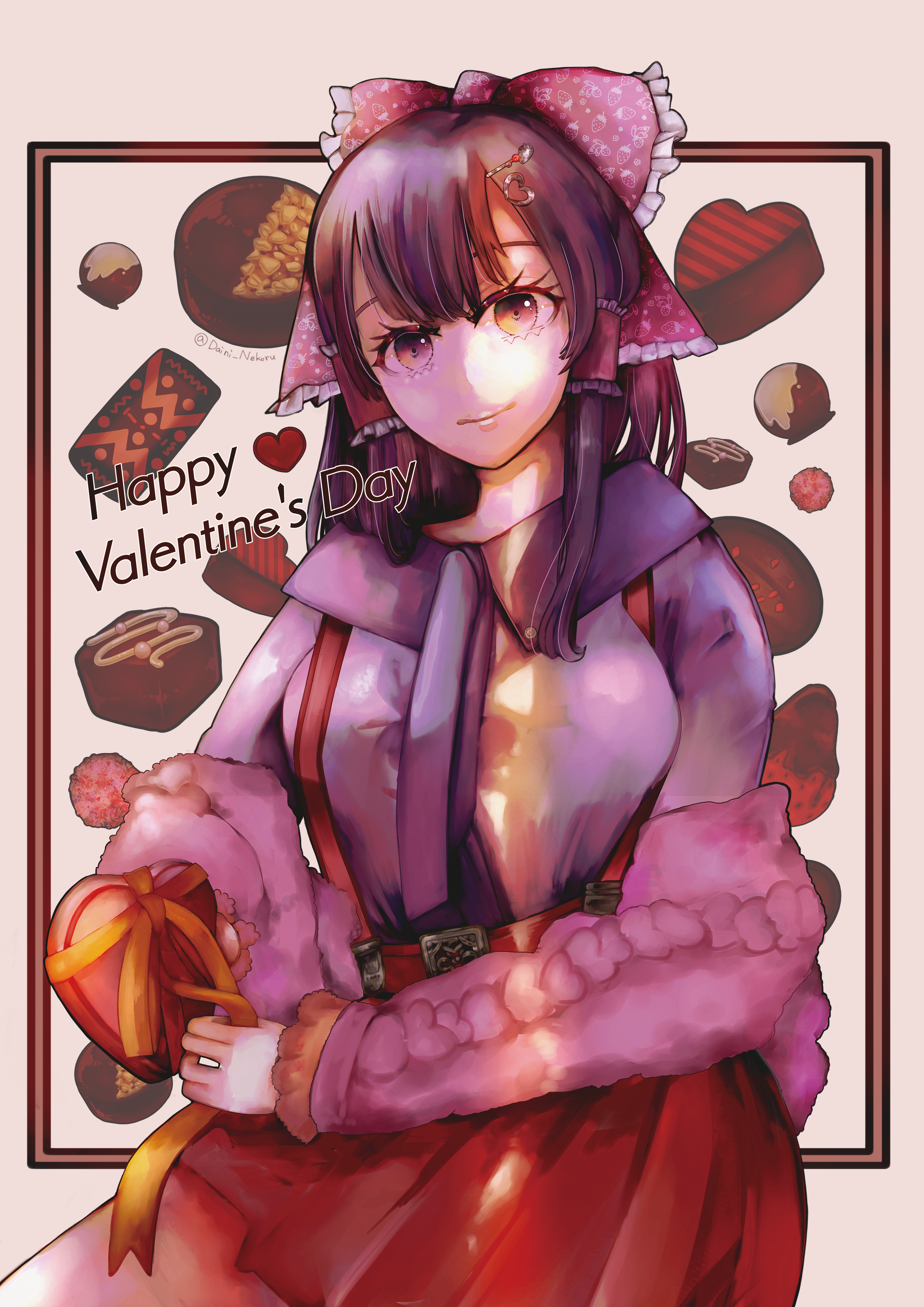 1girl absurdres alternate_costume bow box breasts brown_hair chocolate closed_mouth commentary cowboy_shot english_commentary english_text frilled_bow frilled_hair_tubes frills gift gift_box hair_bow hair_ornament hair_tubes hairclip hakurei_reimu happy_valentine head_tilt heart highres holding holding_gift light_smile long_hair long_sleeves looking_at_viewer medium_breasts mixed-language_commentary red_bow red_skirt ribbon scarf skirt solo touhou tukaima yellow_ribbon