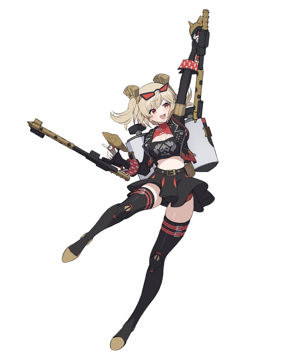 1girl armlet black_bra black_jacket black_skirt black_thighhighs blonde_hair bra breasts burnice_white cleavage commentary_request external_fuel_tank flamethrower full_body hair_ornament highres holding holding_flamethrower holding_weapon jacket jewelry kinokare medium_breasts short_hair skirt solo standing standing_on_one_leg studded_jacket thighhighs underwear weapon white_background zenless_zone_zero