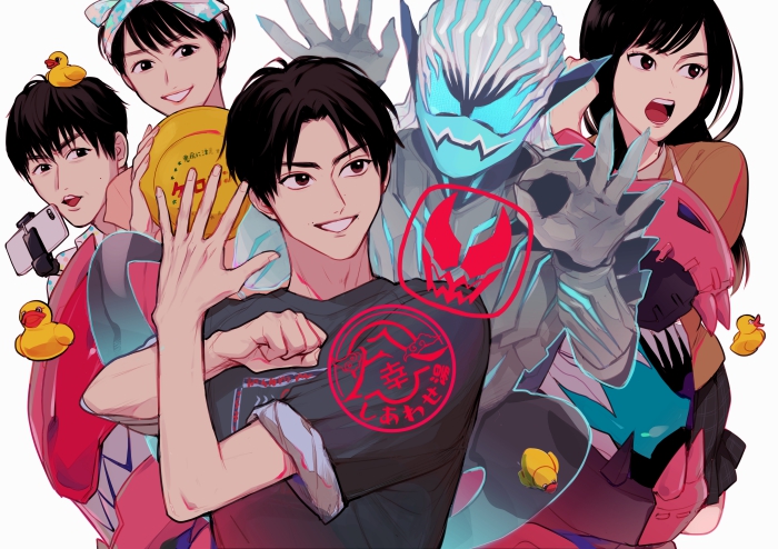 2girls 4boys animal_hood back-to-back ball bow_hairband brother_and_sister cellphone commentary_request demon demon_boy family father_and_daughter father_and_son hair_slicked_back hairband happy_spa henshin_pose hood husband_and_wife igarashi_genta igarashi_ikki igarashi_sakura igarashi_yukimi kamen_rider kamen_rider_revi kamen_rider_revice kamen_rider_vice long_hair mask mother_and_daughter mother_and_son mouth_mask multiple_boys multiple_girls ok_sign phone rex_genome rubber_duck selfie_stick siblings sleeves_rolled_up smartphone spirit stamp_mark tyrannosaurus_rex vice_(kamen_rider_revice) volleyball volleyball_(object) white_hair zo_ochi2