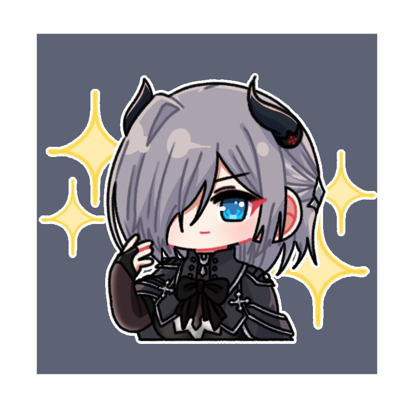 1girl arm_at_side assault_lily black_bow black_bowtie black_capelet black_horns black_shirt blue_eyes border bow bowtie bridal_gauntlets brown_bridal_gauntlets capelet chibi closed_mouth commentary cropped_torso grey_background grey_hair hair_between_eyes hair_over_one_eye half_updo hand_up horns light_smile looking_at_viewer medium_hair one_eye_covered outline sekino_youko shirt simple_background solo sparkle symbol-only_commentary upper_body v-shaped_eyebrows white_border white_outline yui_(yui1115_)