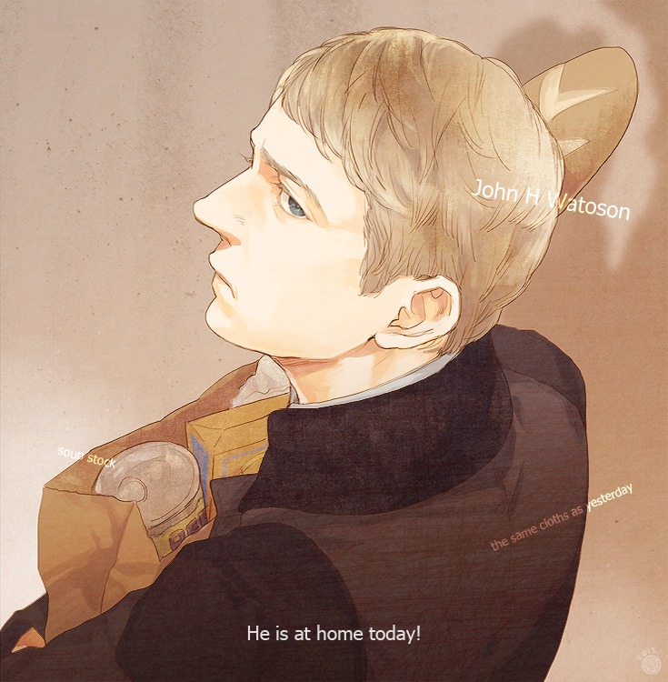 1boy bad_id bad_pixiv_id bag baguette blonde_hair blue_eyes box bread can english_text engrish_text food from_behind frown groceries james_watson john_hamish_watson looking_back male_focus manly paper_bag ranguage sherlock_(bbc) simple_background solo subtitled suzuki_tsuta the_adventures_of_sherlock_holmes typo