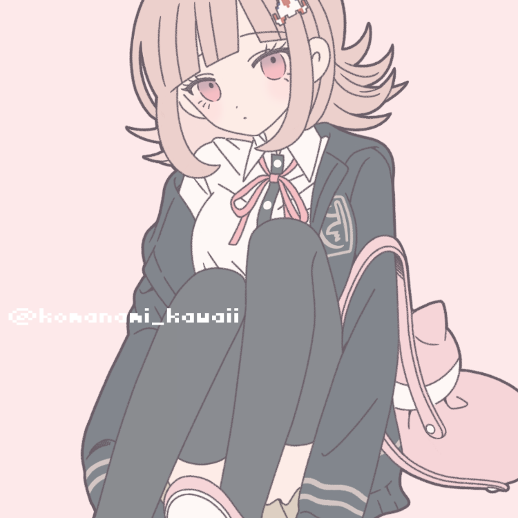 1girl animal_bag black_jacket black_shirt black_thighhighs brown_hair cat_bag collared_shirt danganronpa_(series) danganronpa_2:_goodbye_despair flipped_hair galaga grey_background jacket knees_up komanami_kawaii medium_hair nanami_chiaki neck_ribbon off_shoulder open_clothes open_jacket pink_bag ribbon shirt shoes simple_background sitting solo spaceship_hair_ornament thighhighs two-tone_shirt white_shirt