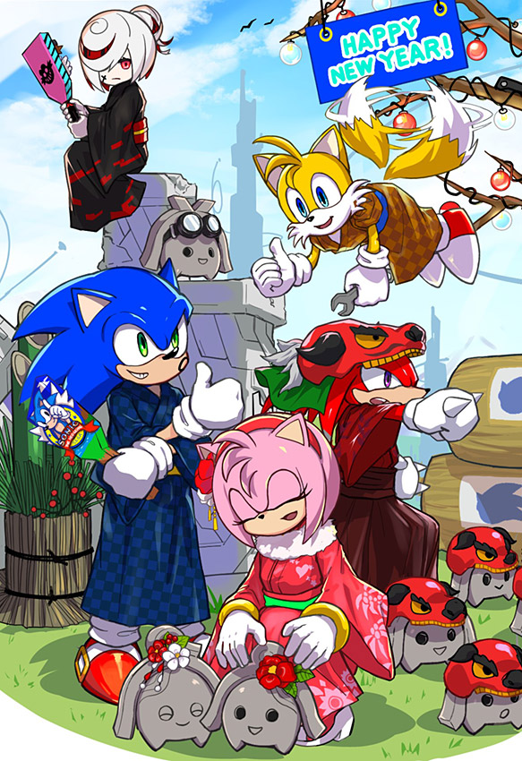 amy_rose bamboo blonde_hair blue_fur blue_hair bracelet child echidna_(animal) flying fox gloves goggles hairband head_wreath hedgehog helmet japanese_clothes jewelry kimono knuckles_the_echidna koco_(sonic) medium_hair multiple_tails new_year pink_fur pink_hair red_fur red_hair rock sage_(sonic) sega shoes socks sonic_(series) sonic_frontiers sonic_the_hedgehog sonic_the_hedgehog_(classic) sonic_the_hedgehog_1 tail tails_(sonic) two_tails wrench yellow_fur yukata