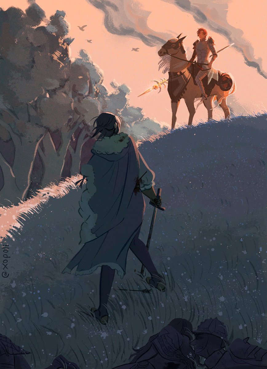 2boys aqua_cape armor armored_animal bird black_footwear black_hair black_leggings brown_gloves brown_horse cape cloud cloudy_sky commentary corpse english_commentary felix_hugo_fraldarius fire_emblem fire_emblem:_three_houses forest fur-trimmed_cape fur-trimmed_gloves fur_trim gloves grass greaves highres hill holding holding_polearm holding_reins holding_sword holding_weapon horse horseback_riding lance_of_ruin leggings male_focus multiple_boys nature nintendo pauldrons polearm red_hair reins riding shoulder_armor sky spear sword sylvain_jose_gautier tree twitter_username weapon white_fur xopoli
