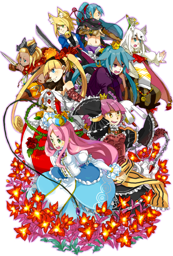 6+girls 7th_dragon 7th_dragon_(series) alusha_(7th_dragon) animal_ears blonde_hair blue_dress blue_hair cloak dress everyone floro_(7th_dragon) full_body green_eyes hat hatch_(7th_dragon) ikurakun_(7th_dragon) knight_(7th_dragon) long_hair long_sleeves looking_at_viewer mage_(7th_dragon) maron_(7th_dragon) melk_(7th_dragon) momomeno_(7th_dragon) multiple_girls namuna_(7th_dragon) pink_hair princess_(7th_dragon) rogue_(7th_dragon) samurai_(7th_dragon) short_hair simple_background sora_(7th_dragon) twintails very_long_hair white_background witch_hat