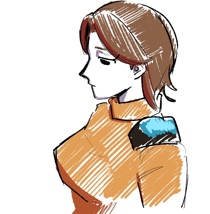 1girl bad_tag black_eyes bodysuit breasts brown_hair closed_mouth colored_skin expressionless from_side hair_behind_ear imotyo_79 jacket looking_down medium_breasts mii_(nintendo) nintendo orange_jacket orange_sweater pilot_suit short_hair simple_background solo super_smash_bros. sweater turtleneck turtleneck_sweater uniform upper_body white_background white_skin