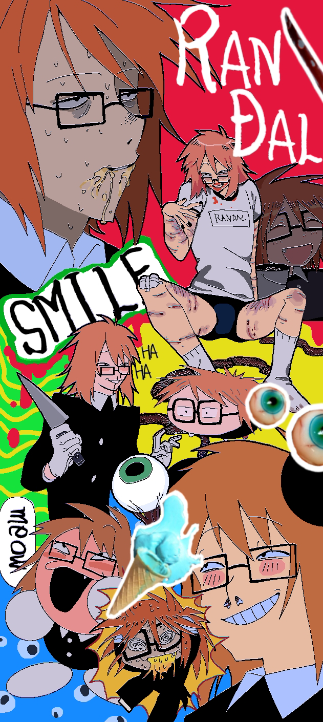 1boy black_eyes blood blood_on_face brown_hair commentary_request country_takeuchi eyeball fang food glasses gym_uniform highres holding holding_knife ice_cream knife male_focus multiple_views orange_hair randal&#039;s_friends randal_ivory self-harm shirt short_hair shorts vomit wrist_cutting