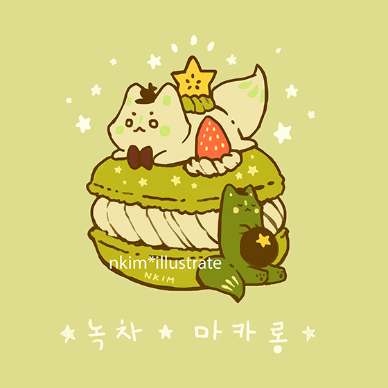 animal_focus artist_name bad_id bad_twitter_id berry blush_stickers bow bowtie brown_bow brown_bowtie cat closed_eyes commentary english_commentary food food-themed_creature food_focus fruit green_background green_theme korean_text lying macaron nadia_kim no_humans notice_lines o_o on_food on_stomach original oversized_food oversized_object signature simple_background star_(symbol) strawberry traditional_bowtie translation_request watermark