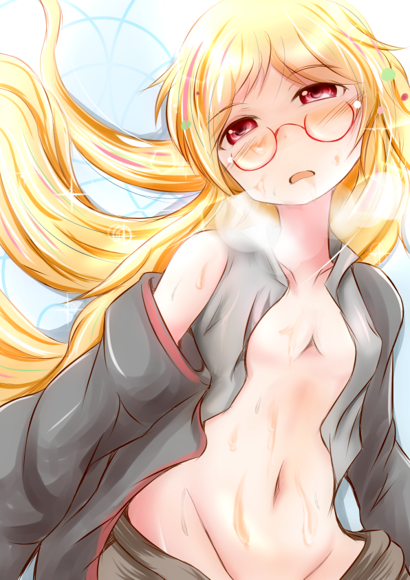 1girl blonde_hair game_console glasses groin heavy_breathing mitomori navel sega_hard_girls sega_mega_drive steaming_body sweat