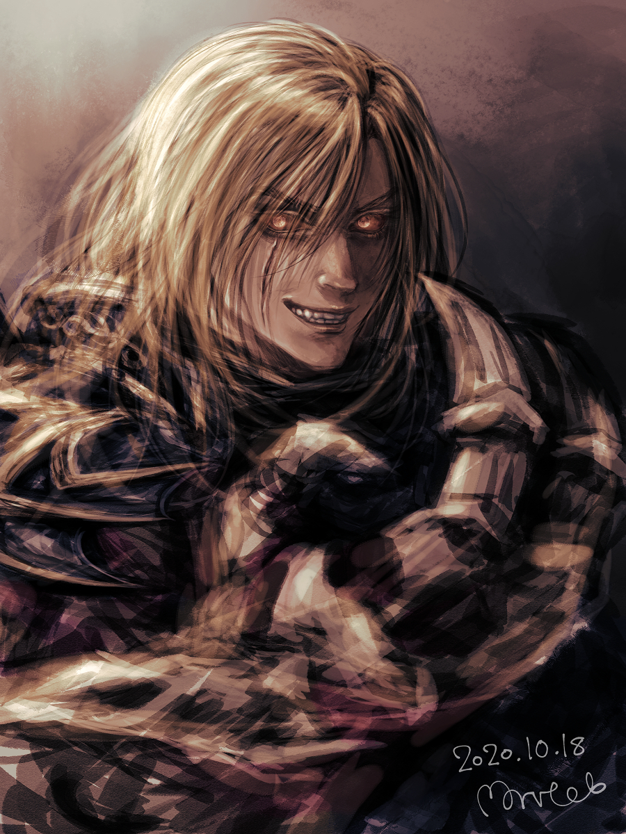 1boy artist_name blonde_hair brown_background claws colored_sclera dated evil_grin evil_smile grin highres long_hair looking_at_viewer male_focus morito_leaf9 nightmare_(soulcalibur) red_eyes red_sclera scar scar_across_eye scar_on_face siegfried_schtauffen smile solo soul_calibur upper_body