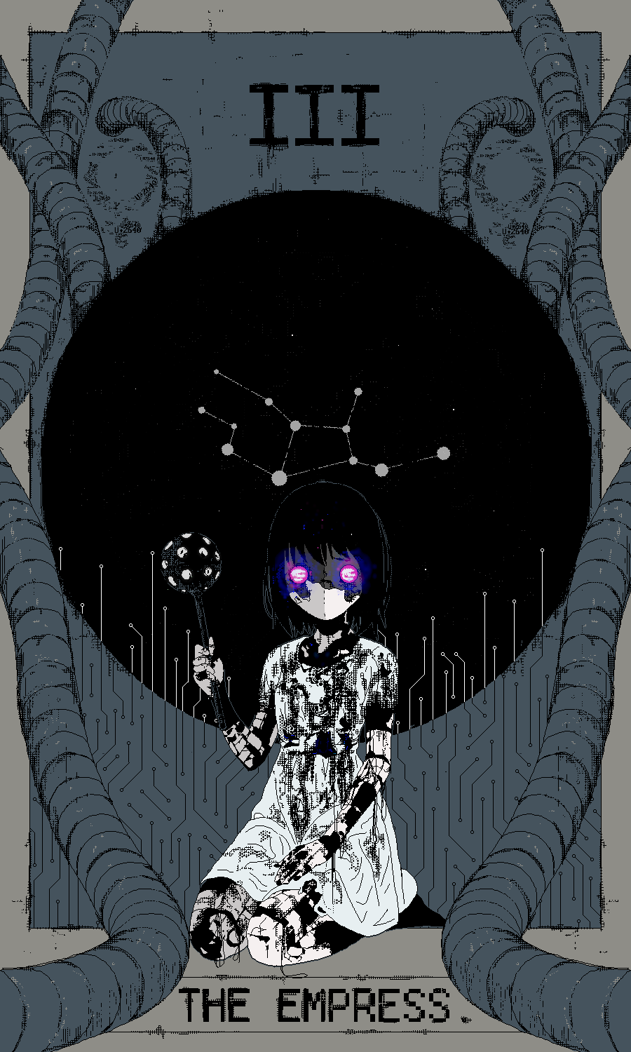 1girl artificial_eye black_hair border cable card_(medium) circle commentary constellation cyberpunk damaged dilapidated dithering dress english_text full_body glowing glowing_eyes grey_border hand_on_own_thigh hand_up hashtag-only_commentary highres holding industrial_pipe jaggy_lines joints kneeling looking_at_viewer mechanical_eye medium_hair nietzschka_(peripeteia) no_mouth outside_border peripeteia pink_eyes planetarium robot_girl robot_joints roman_numeral science_fiction short_dress solo stained_clothes stuffbecauseidk tarot tarot_(medium) the_empress_(tarot) torn_clothes virgo_(constellation) white_dress
