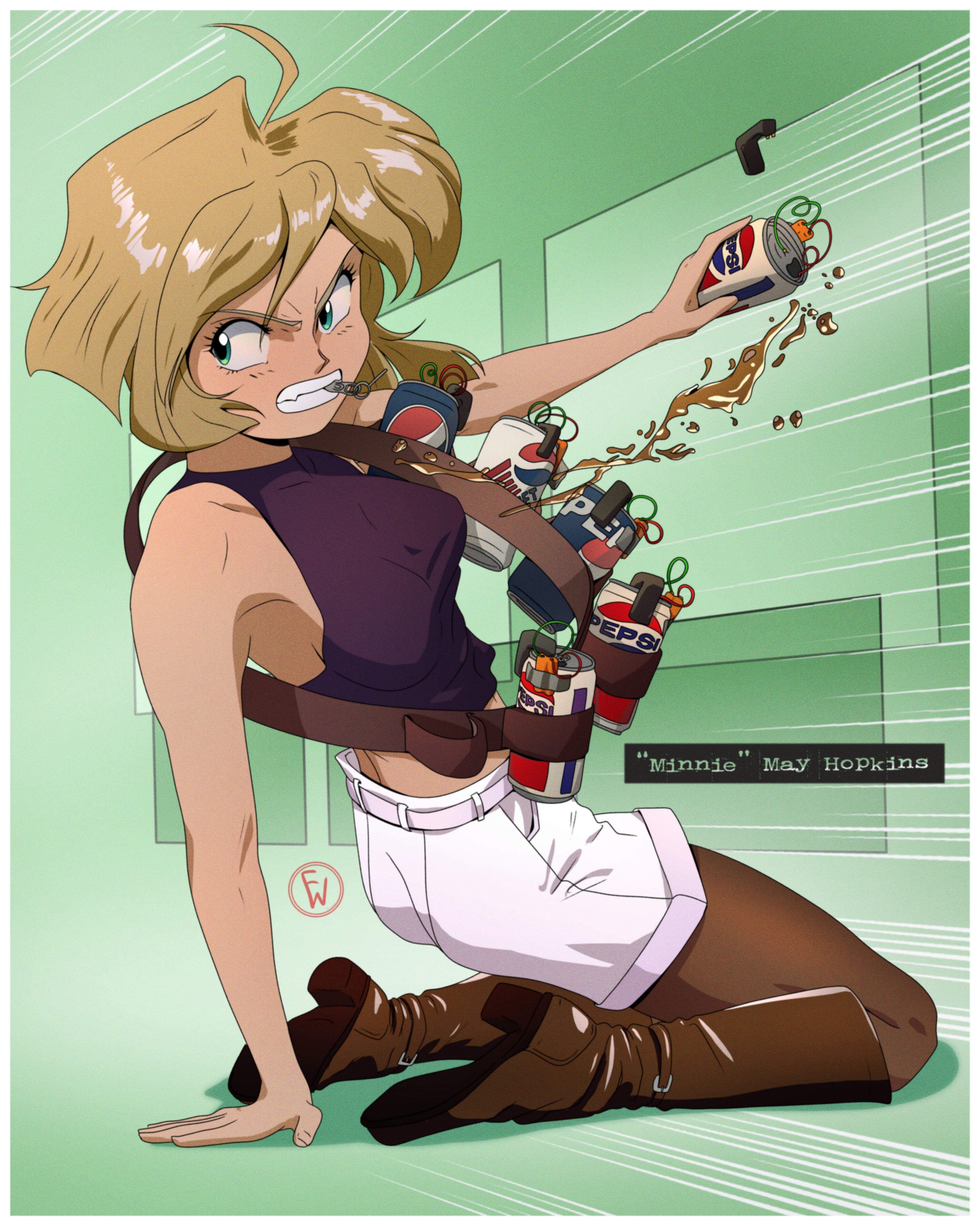 1girl absurdres angry armpits bandolier belt blonde_hair breasts crop_top explosive fritz_willie green_eyes grenade gunsmith_cats highres improvised_weapon minnie_may_hopkins motion_lines pantyhose pepsi product_placement purple_shirt shirt shorts sleeveless sleeveless_shirt solo speed_lines white_shorts