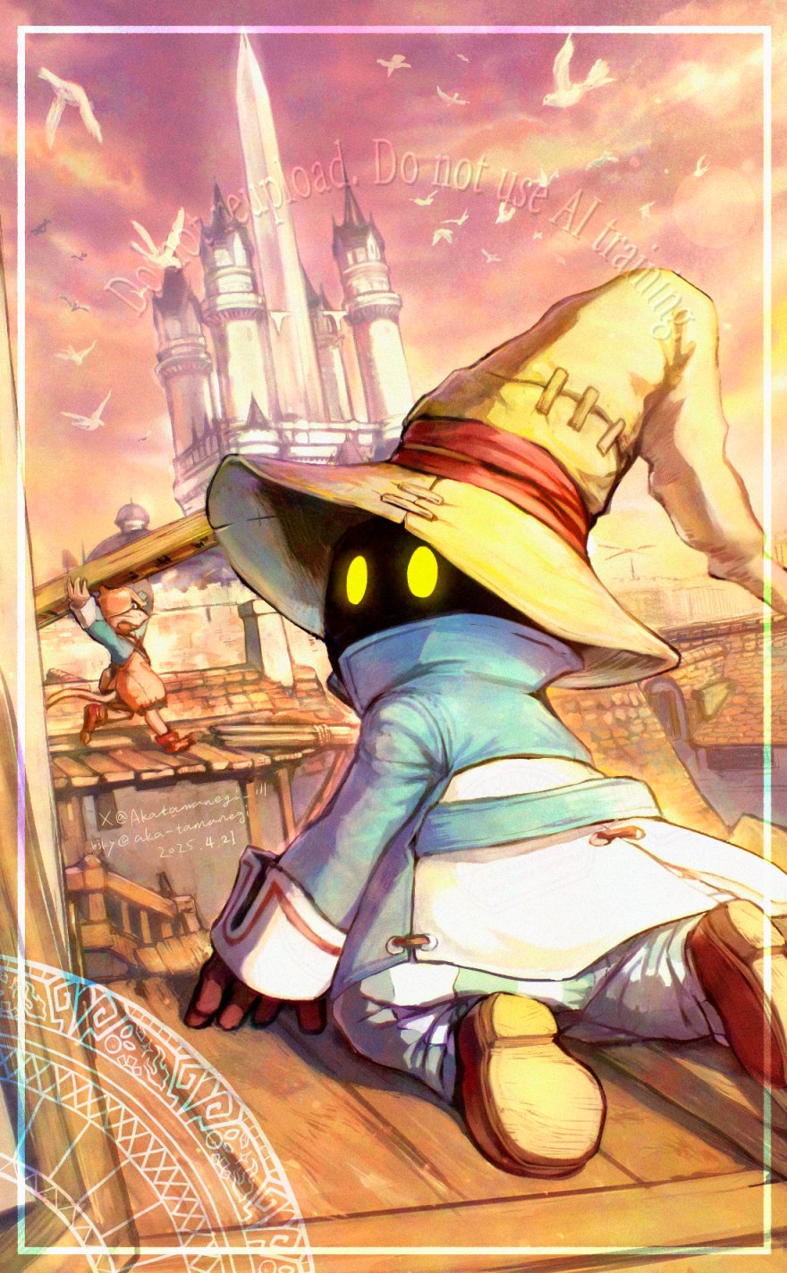 2boys akatamanegi_ill black_mage_(final_fantasy) blue_coat boots brown_boots brown_gloves castle coat dock final_fantasy final_fantasy_ix flock gloves glowing glowing_eyes hat highres kneeling male_focus multiple_boys outdoors pants striped_clothes striped_pants vivi_ornitier wizard_hat yellow_eyes