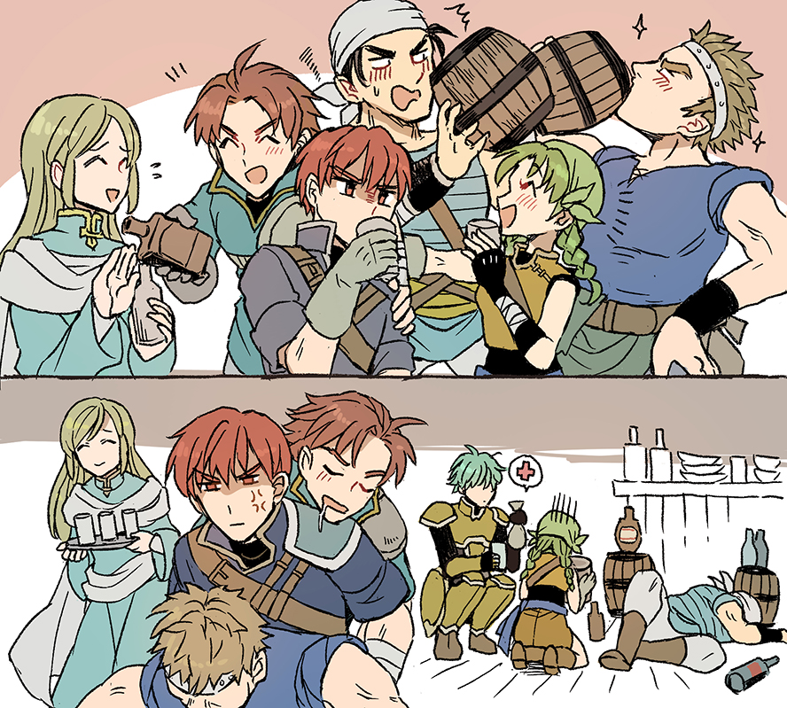 1girl 6+boys ^^^ ^_^ anger_vein aqua_hair armor bandaged_arm bandages bandana bartre_(fire_emblem) beer_keg black_hair blonde_hair blush boots bottle braid brown_hair carrying closed_eyes dart_(fire_emblem) drinking drunk fingerless_gloves fire_emblem fire_emblem:_the_blazing_blade glass gloom_(expression) gloves green_hair hand_on_own_hip headband kneeling long_hair lowen_(fire_emblem) lucius_(fire_emblem) lying messy_hair multiple_boys nintendo noshima on_side open_mouth pants piggyback raven_(fire_emblem) rebecca_(fire_emblem) red_eyes red_hair robe sash shirt short_hair sketch skirt sleeveless smile sparkle spiked_hair squatting sweatdrop trap tray twintails unconscious wil_(fire_emblem) wristband