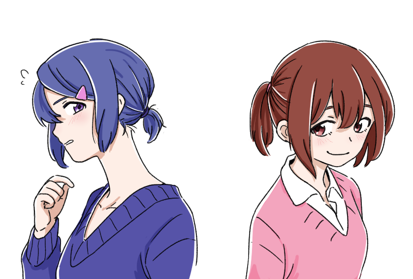 2girls alternate_hairstyle blue_hair blue_sweater blush brown_hair closed_mouth flying_sweatdrops juunin_toiro_(zhizhi8059) kogoori_natsumi light_frown long_sleeves looking_at_another looking_back matching_hairstyle multiple_girls niimura_haruka parted_lips pink_eyes pink_sweater ponytail purple_eyes shigatsu_youka short_ponytail simple_background smile sweater upper_body