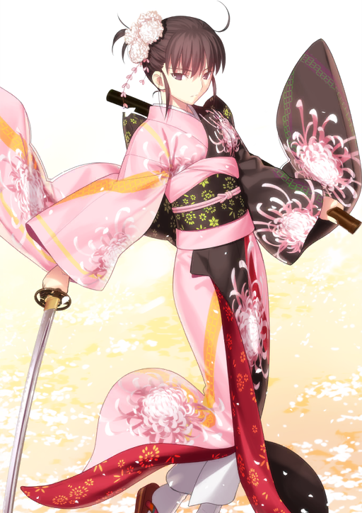 1girl ahoge breasts brown_eyes brown_hair brown_kimono brown_sash closed_mouth expressionless fate/grand_order fate_(series) feet_out_of_frame floral_print floral_print_kimono flower flower_request gradient_background hair_flower hair_ornament holding holding_sheath holding_sword holding_weapon japanese_clothes katana kimono large_variant_set long_sleeves looking_to_the_side obiage obijime official_art orange_background pink_kimono print_kimono ryougi_shiki ryougi_shiki_(second_ascension) sandals sheath short_hair sidelocks socks solo sword tabi takeuchi_takashi third-party_source two-tone_kimono variant_set weapon white_background white_socks wide_sleeves zouri