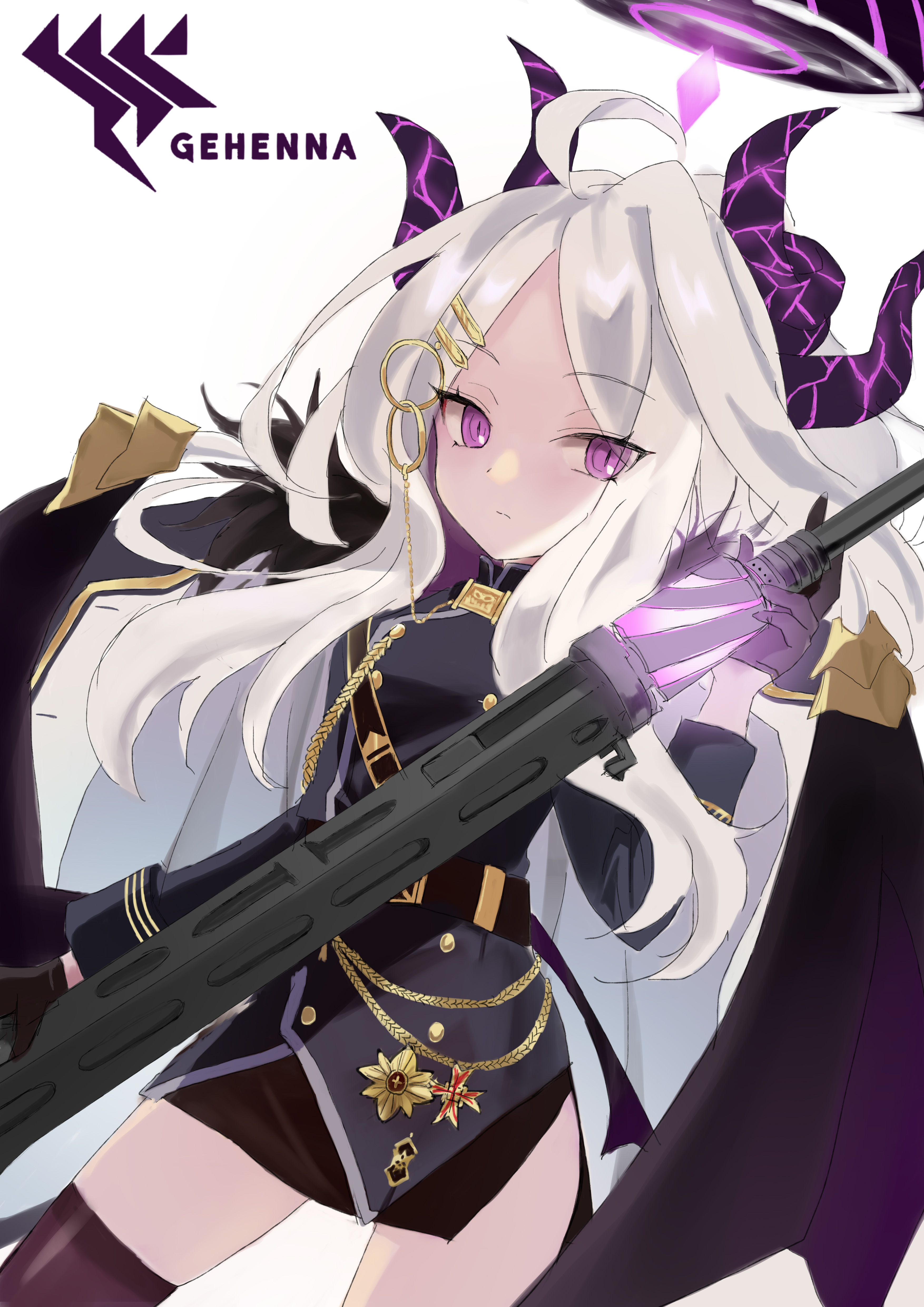 1girl absurdres ahoge belt black_belt black_gloves black_legwear black_skirt black_wings blue_archive buttons closed_mouth coat cowboy_shot demon_horns demon_wings double-breasted dutch_angle extended_barrel fur-trimmed_coat fur_trim gloves gun halo highres hina_(blue_archive) holding holding_gun holding_weapon horns oversized_wings long_coat long_hair long_sleeves looking_to_the_side machine_gun mg42 military military_uniform multiple_horns parted_bangs purple_coat purple_eyes purple_horns saibashi_(develop_komono) simple_background sketch skirt solo very_long_hair weapon white_background white_hair wings