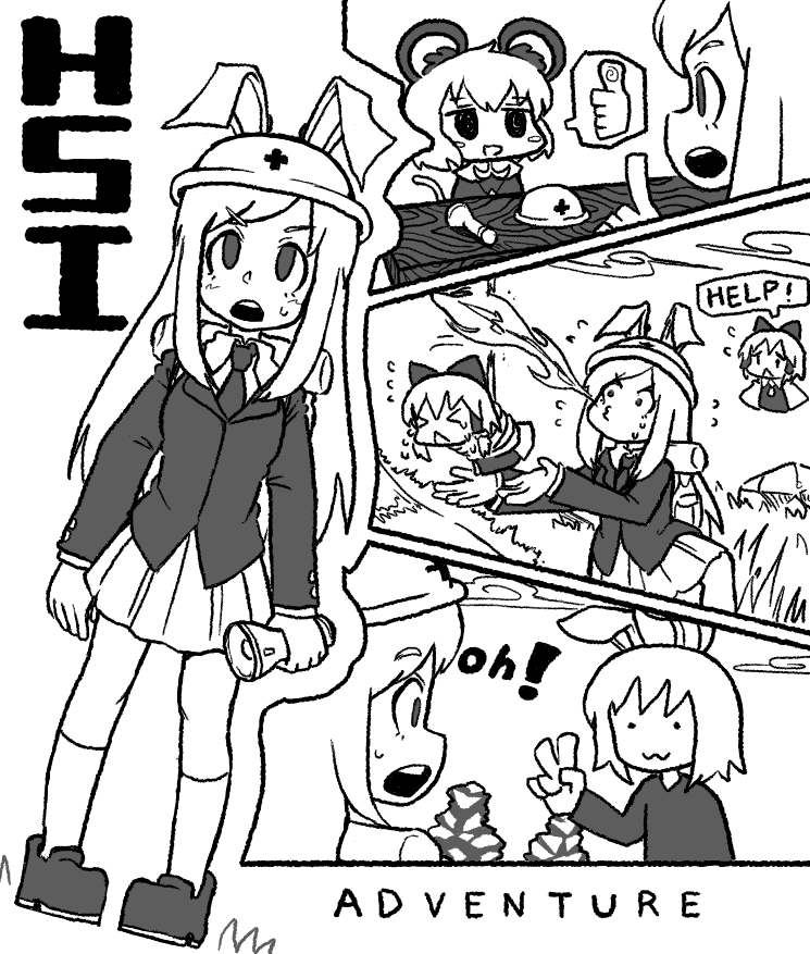 4girls :3 animal_ears blazer blush bound breath_weapon breathing_fire bseibutsu character_name collared_shirt commentary_request cookie_(touhou) fake_hisui_(cookie) fire flashlight full_body grass greyscale hakurei_reimu hard_hat helmet hisui_(cookie) jacket long_hair long_sleeves monochrome mouse_ears mouse_girl mouse_tail multiple_girls nazrin necktie nyon_(cookie) open_mouth pleated_skirt rabbit_ears rabbit_girl reisen_udongein_inaba sakenomi_(cookie) shirt short_hair skirt solid_circle_eyes standing tail tied_up_(nonsexual) touhou v