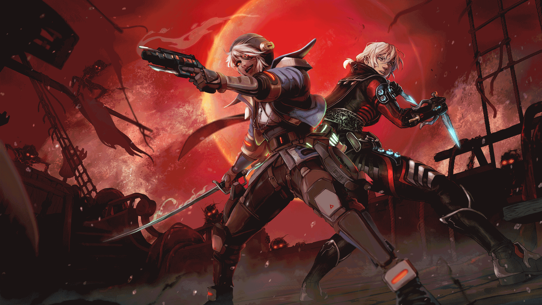 2girls 3d apex_legends artist_collaboration b3_wingman black_footwear black_gloves black_pants blender_(medium) blue_footwear blue_jacket boots breasts commentary deep_current_wattson english_commentary facial_scar gloves glowing grey_hair grey_shirt gun handgun highres holding holding_gun holding_knife holding_sword holding_weapon ifragmentix jacket jelart knife leaning_forward making-of medium_breasts mixed_media multiple_girls official_alternate_costume open_mouth orange_eyes pants photoshop_(medium) red_sky revolver rift_stalker_wraith scar scar_on_cheek scar_on_face shirt sky smile smoke smoking_barrel sword wattson_(apex_legends) weapon wraith_(apex_legends)