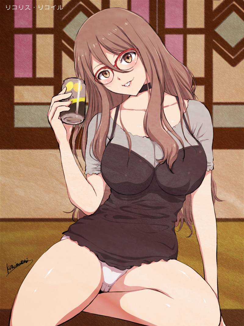 1girl beer_can blush breasts brown_hair cameltoe can choker cleavage drink_can female_focus glasses groin hair_between_eyes hand_up head_tilt holding indoors large_breasts legs light_blush long_hair looking_at_viewer lycoris_recoil nakahara_mizuki niwatori_kokezou panties pantyshot see-through_clothes sitting smile solo thighs underwear white_panties yellow_eyes