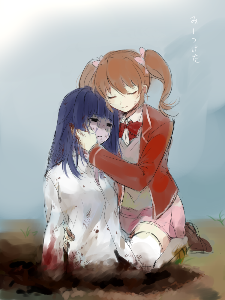 2girls aaniko aki_(misao) blazer blood blood_on_clothes blue_hair blunt_bangs blush bow brown_footwear closed_eyes closed_mouth collared_shirt crying crying_with_eyes_open dirty dirty_clothes hair_bow hand_on_another&#039;s_cheek hand_on_another&#039;s_face jacket light_smile loafers long_hair misao misao_(misao) multiple_girls on_ground open_clothes open_jacket pink_bow red_neckwear school_uniform seiza shirt shoes sitting sketch spoilers tears thighhighs translated twintails white_legwear white_shirt wing_collar