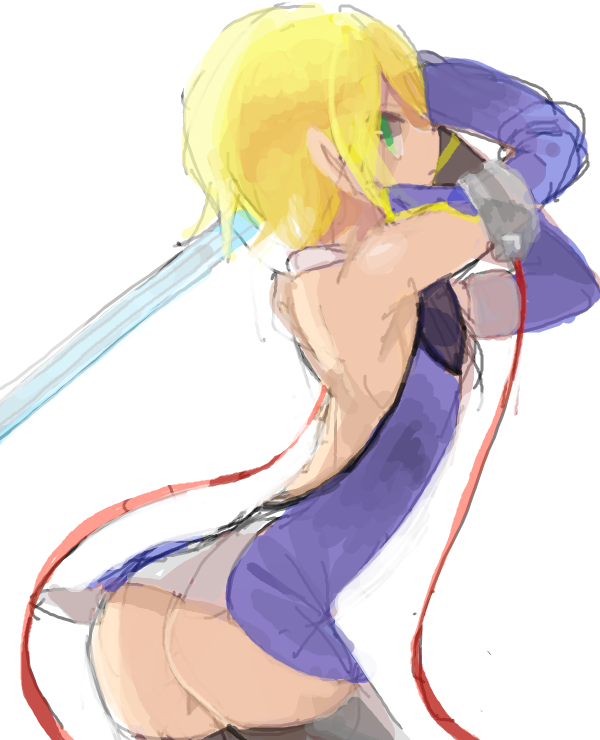 1girl arc_system_works ass bare_back black_thighhighs blazblue blonde_hair cosplay detached_sleeves dress female_focus genderswap genderswap_(mtf) green_eyes gun handgun kisaragi_jin moromorororo no_panties noel_vermillion noel_vermillion_(cosplay) ribbon short_dress short_hair solo thighhighs weapon yukianesa