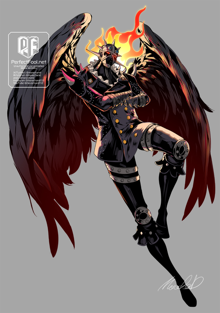 1boy black_wings commentary_request crossed_arms fire full_body grey_background jacket king_(one_piece) leather leather_jacket leather_pants male_focus mask moreshan one_piece pants red_eyes signature simple_background solo wings