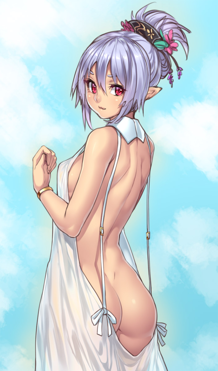 1girl :3 ass back backless backless_dress backless_outfit bracelet breasts dress elf female_focus from_behind hair_ornament highres houtengeki jewelry light_purple_hair looking_at_viewer looking_back no_panties original pointy_ears red_eyes sideboob smile solo
